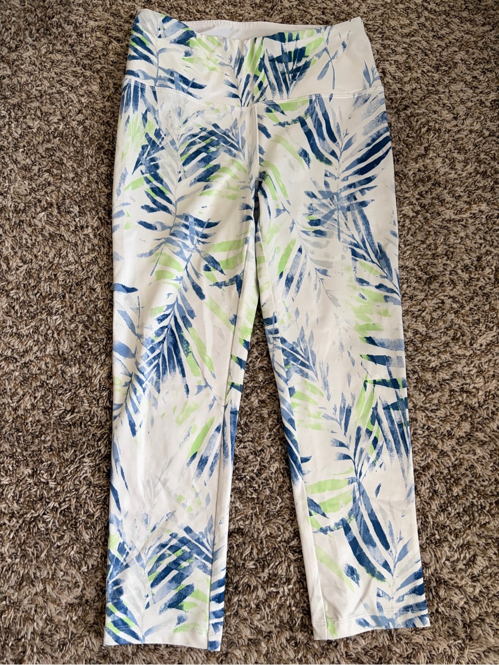 VOGO Athletica White Leggings with Blue and Light Green Palm Print